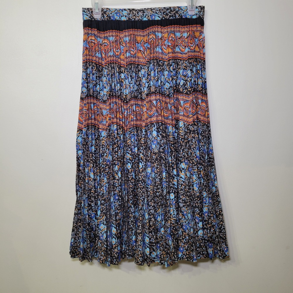 Vintage Style Floral Paisley Pleated Midi Skirt Blue Orange Boho Festival 26W